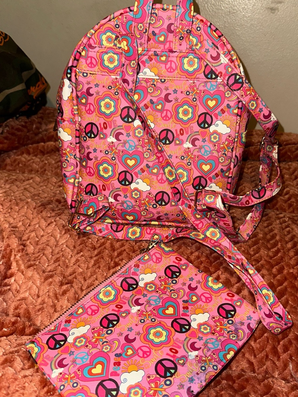 Under One Sky Pink Floral & Peace Sign Mini Backpack with Matching Pouch